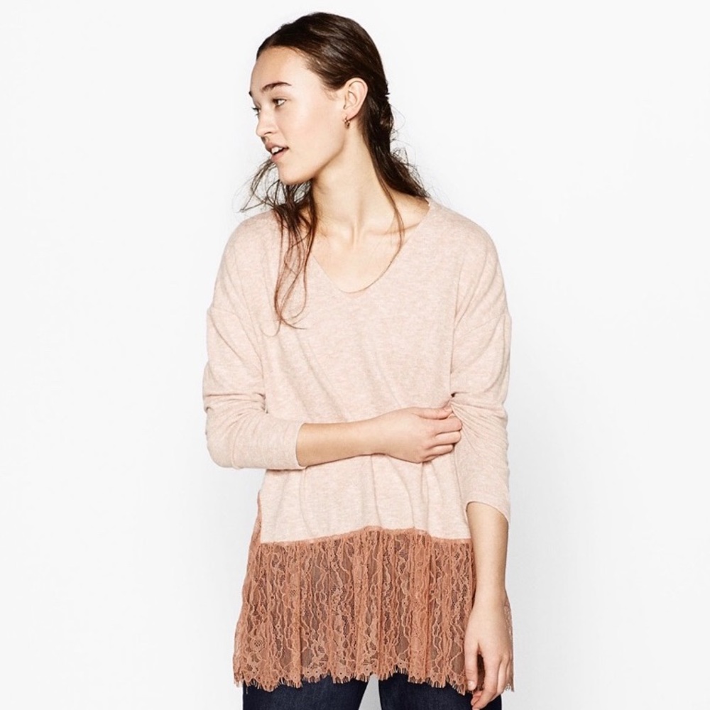 Zara Pink Sweater with Lace Detail Size Large